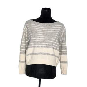 Vince 100% Cashmere Cream Gray Striped Cropped Sweater 3/4 Sleeve Women's Size M
